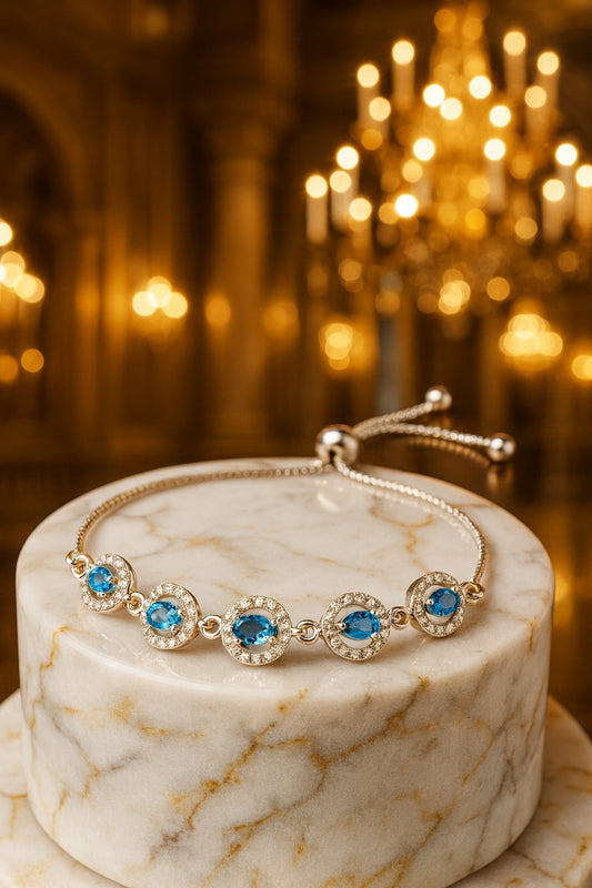"Ocean Blue Gemstone Bracelet with Diamond Halo & Adjustable Chain – Elegant Luxury Jewelry"