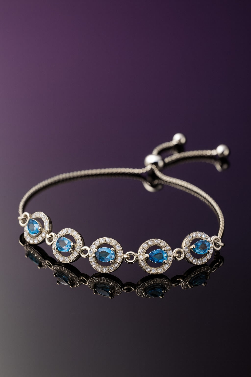 "Ocean Blue Gemstone Bracelet with Diamond Halo & Adjustable Chain – Elegant Luxury Jewelry"