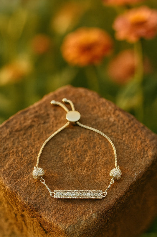 ✨ Adjustable Silver-Tone Bracelet with Sparkling CZ Bar & Beaded Charms ✨