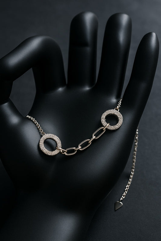 "Elegant Dual Circle Link Chain Bracelet in Silver with Sparkling Accents"