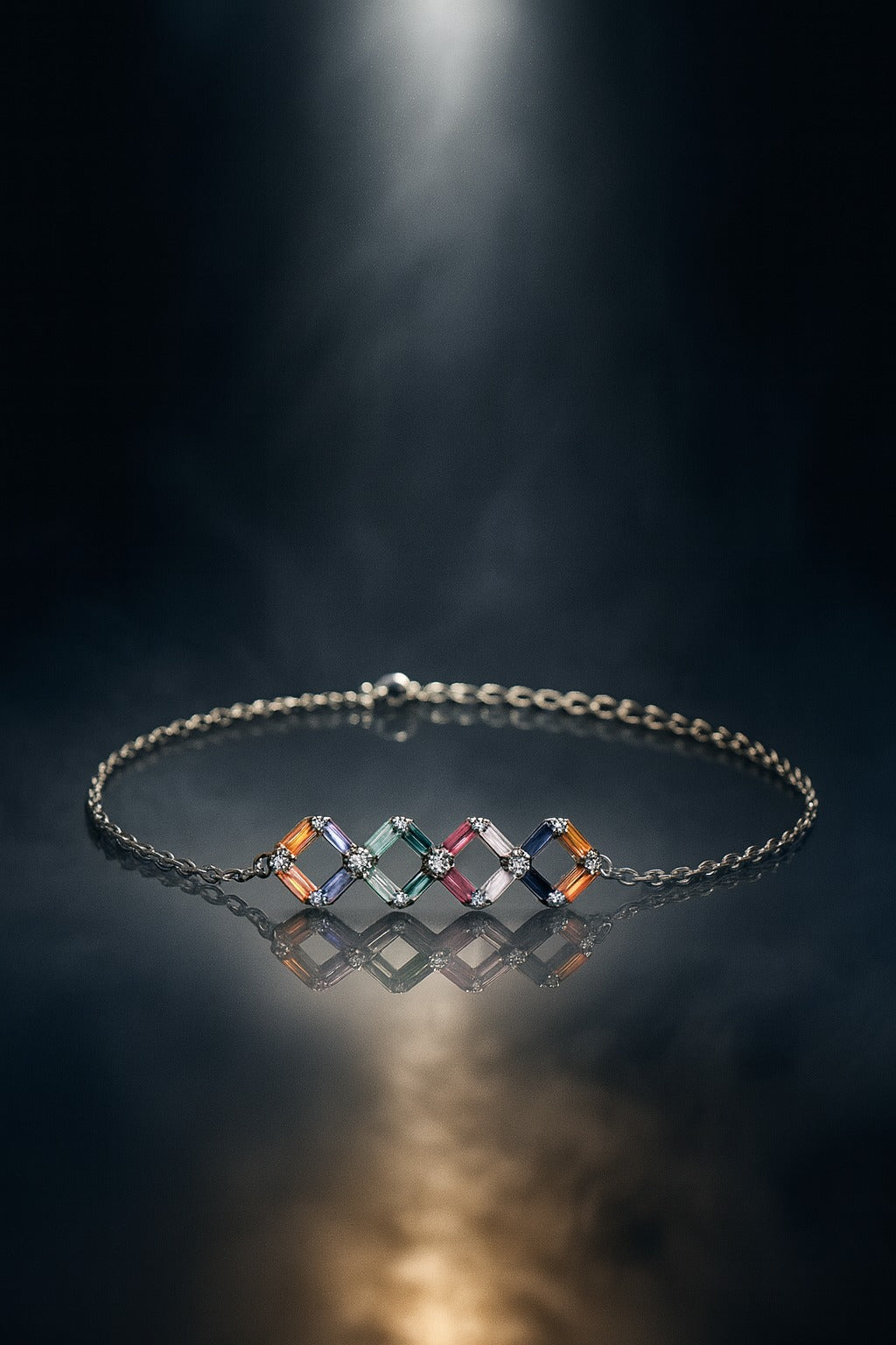 "Exquisite Silver Chain Bracelet with Multicolor Geometric Diamond-Shaped Links"