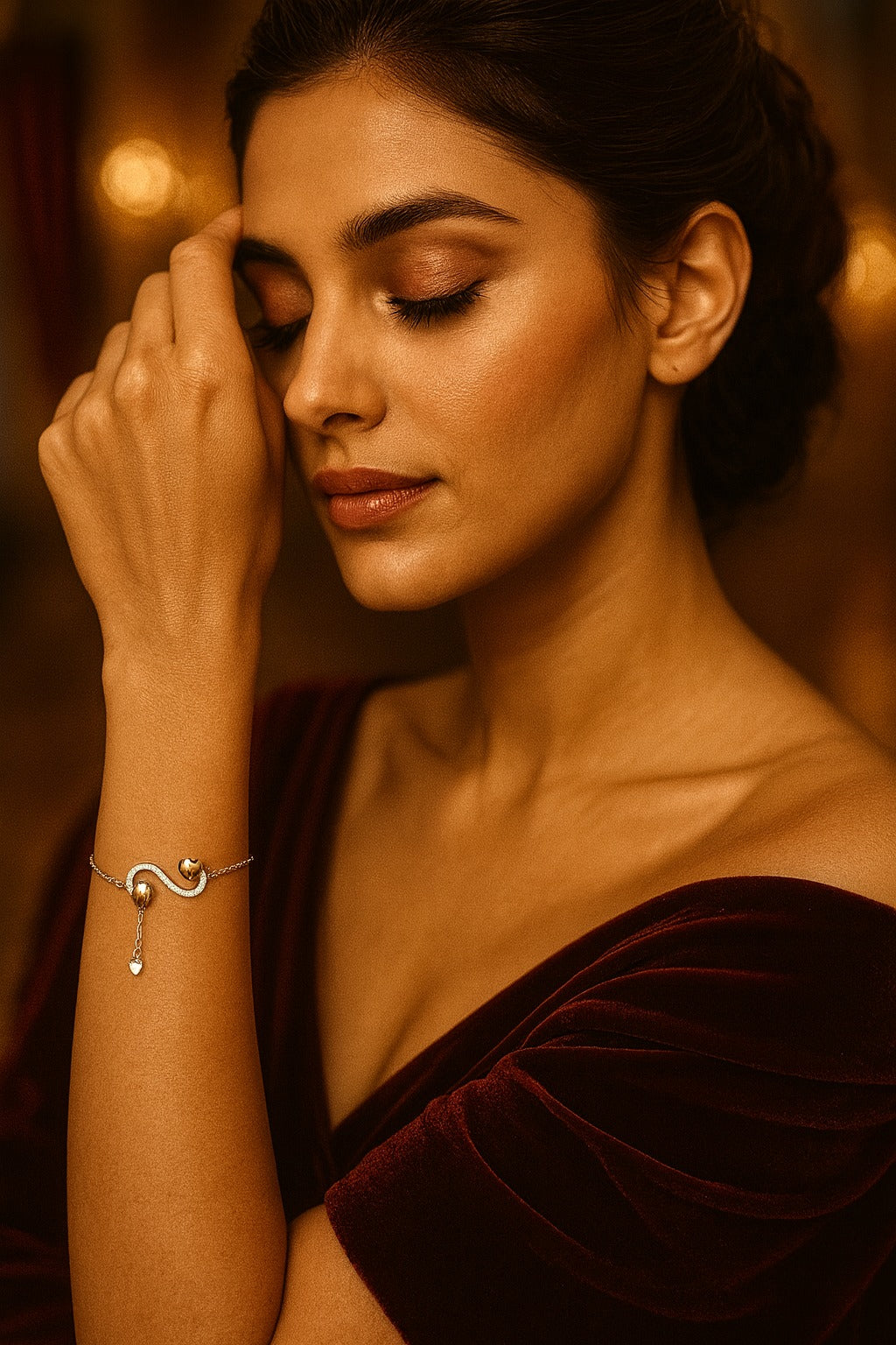 "Delicate Silver Chain Bracelet with Twin Heart Charm and Sparkling Curve Design"