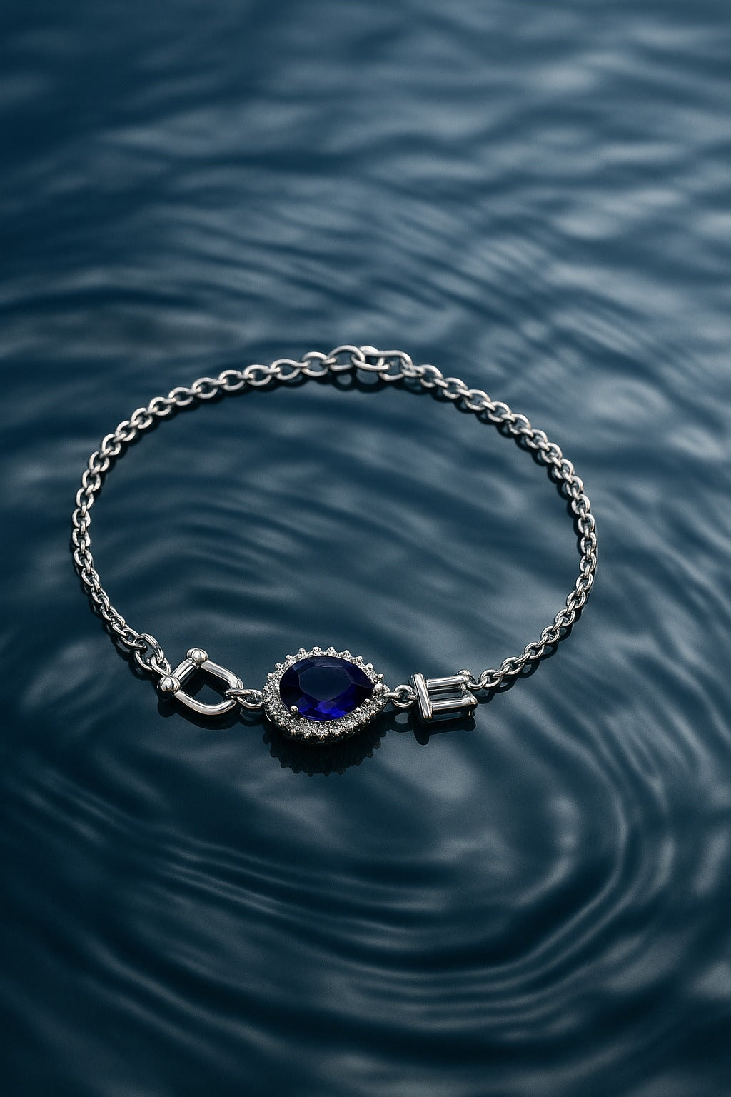 “Elegant Silver Bracelet with Teardrop Blue Stone & Crystal Accents”