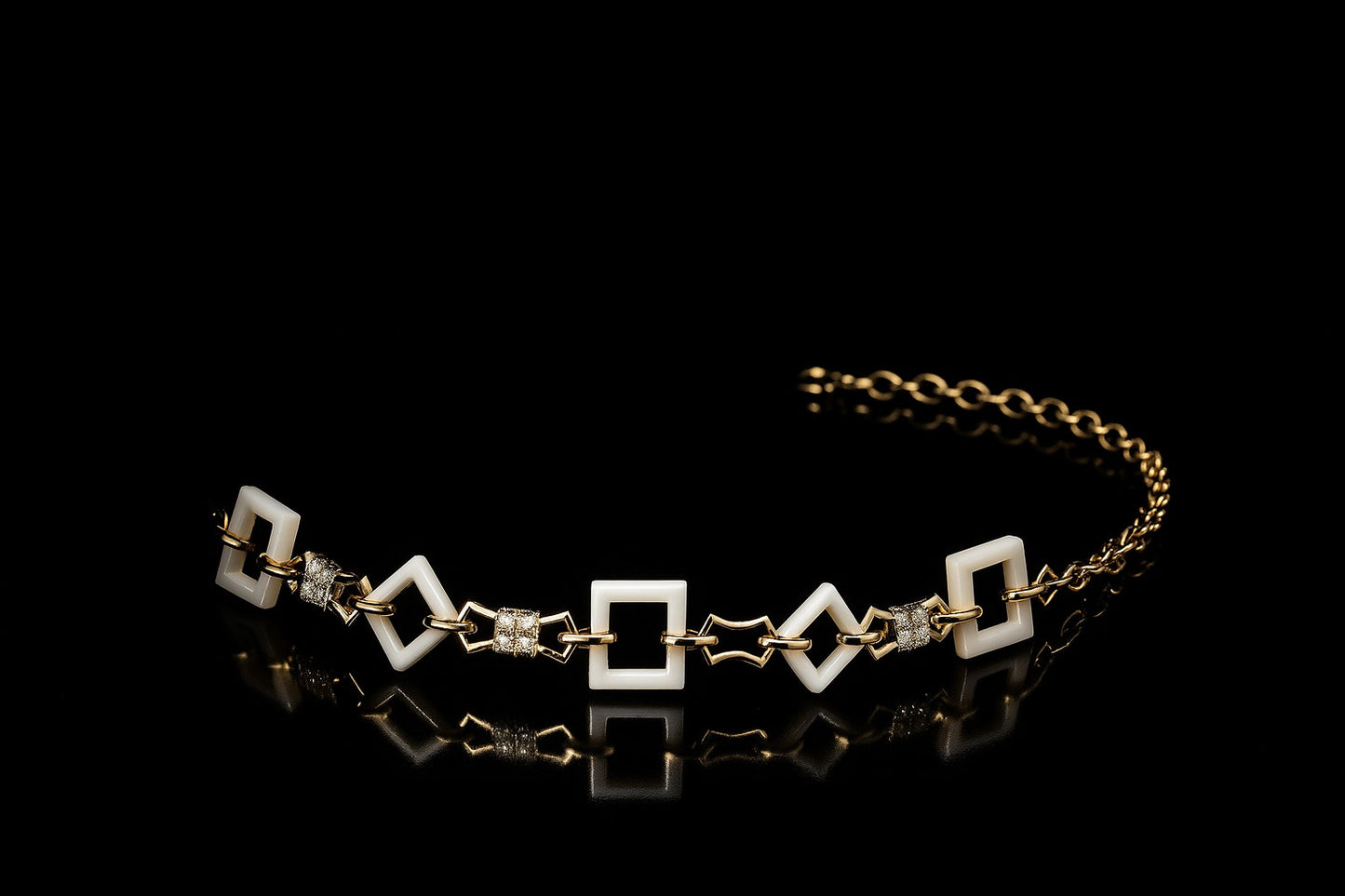"Elegant Geometric Silver Bracelet with White Square Links & Sparkling Accents"