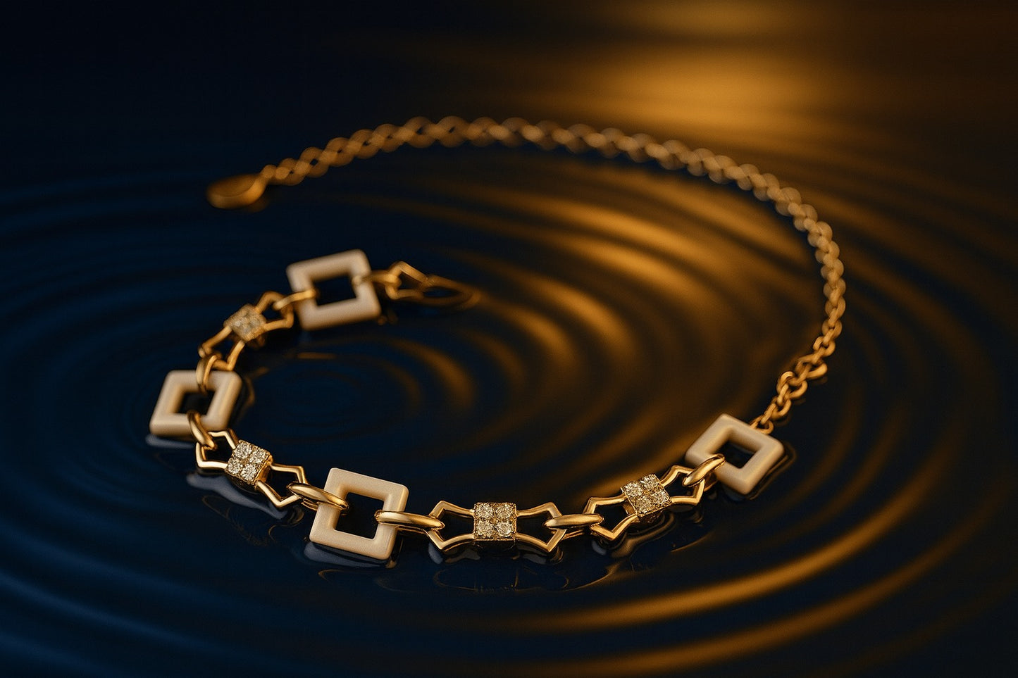 "Elegant Geometric Silver Bracelet with White Square Links & Sparkling Accents"