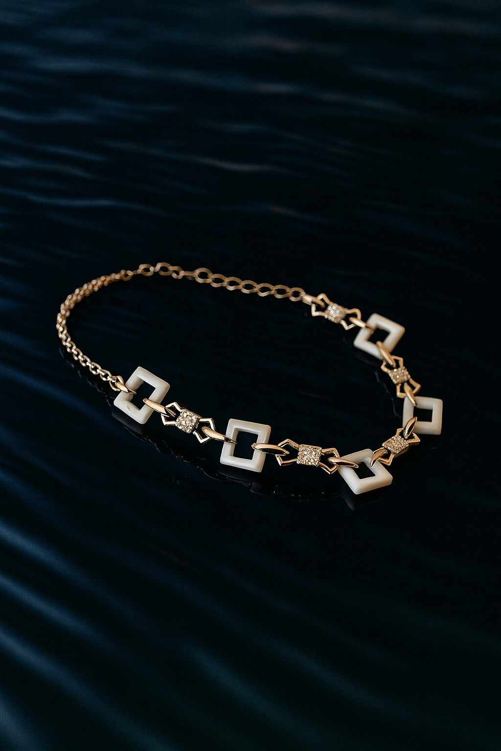 "Elegant Geometric Silver Bracelet with White Square Links & Sparkling Accents"