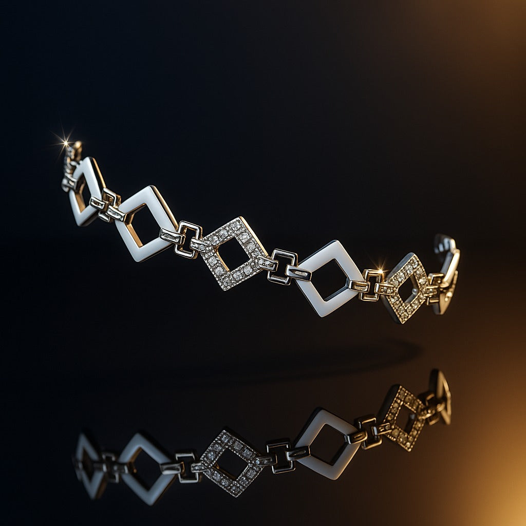 "Elegant Geometric Silver Bracelet with White Square Links & Sparkling Accents"