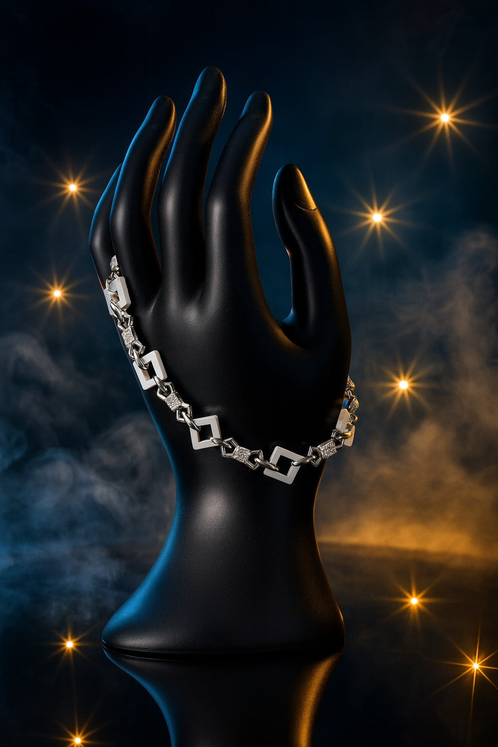 "Elegant Geometric Silver Bracelet with White Square Links & Sparkling Accents"