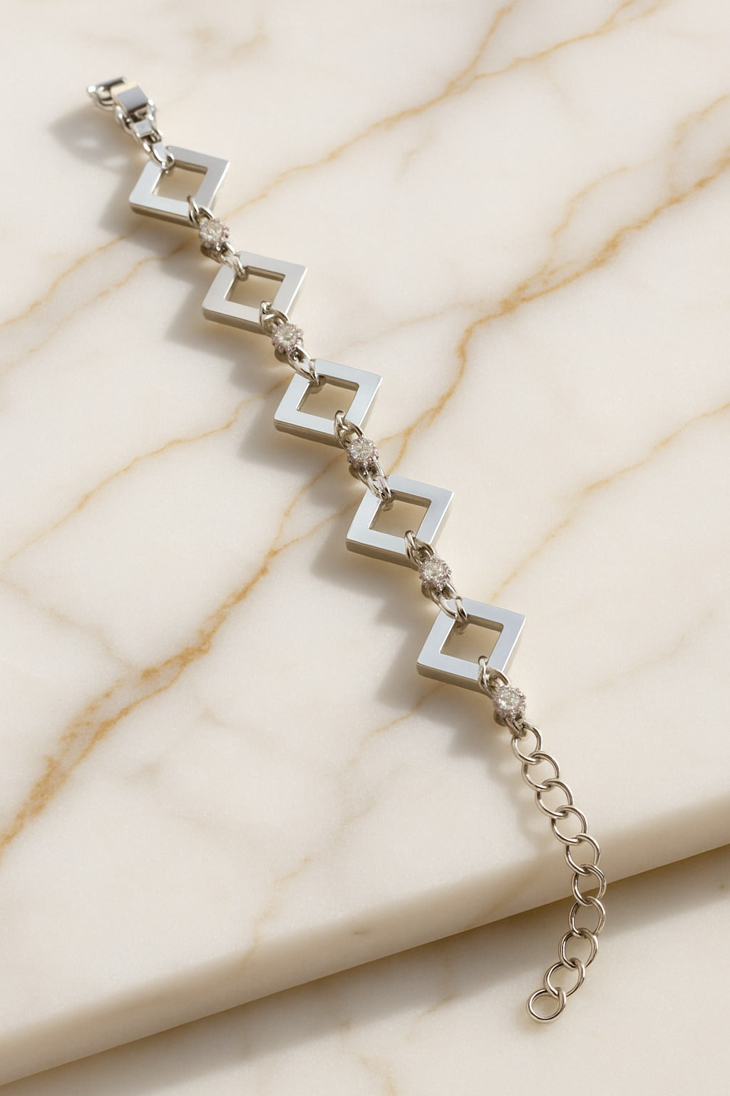 "Elegant Geometric Silver Bracelet with White Square Links & Sparkling Accents"