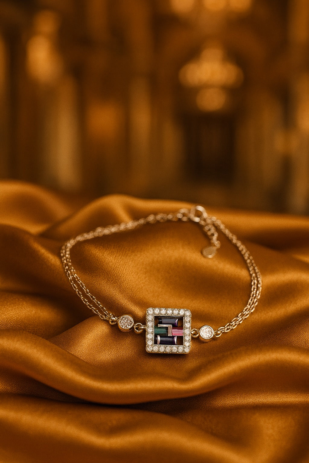 “Elegant Sterling Silver Bracelet with Square Motif, Accented by Multicolor Gemstones and Sparkling CZ Diamonds”