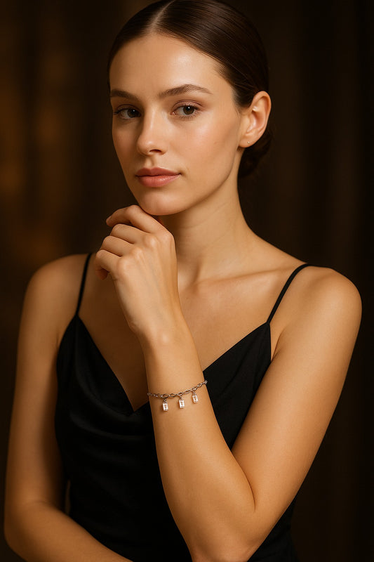 Elegant Silver Chain Bracelet with Triple Crystal Charms