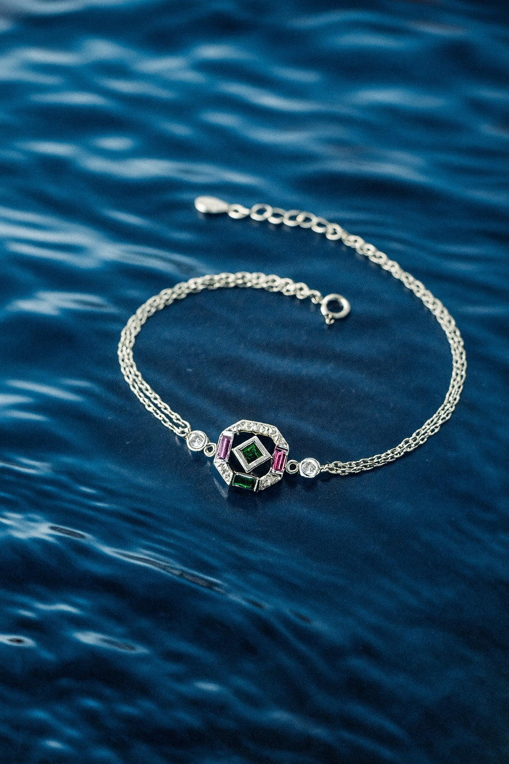 Radiant Geometric Charm Bracelet with Diamonds, Emerald & Ruby Accents