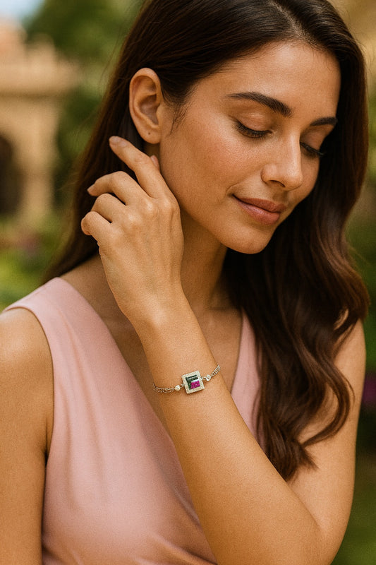 “Elegant Sterling Silver Bracelet with Square Motif, Accented by Multicolor Gemstones and Sparkling CZ Diamonds”