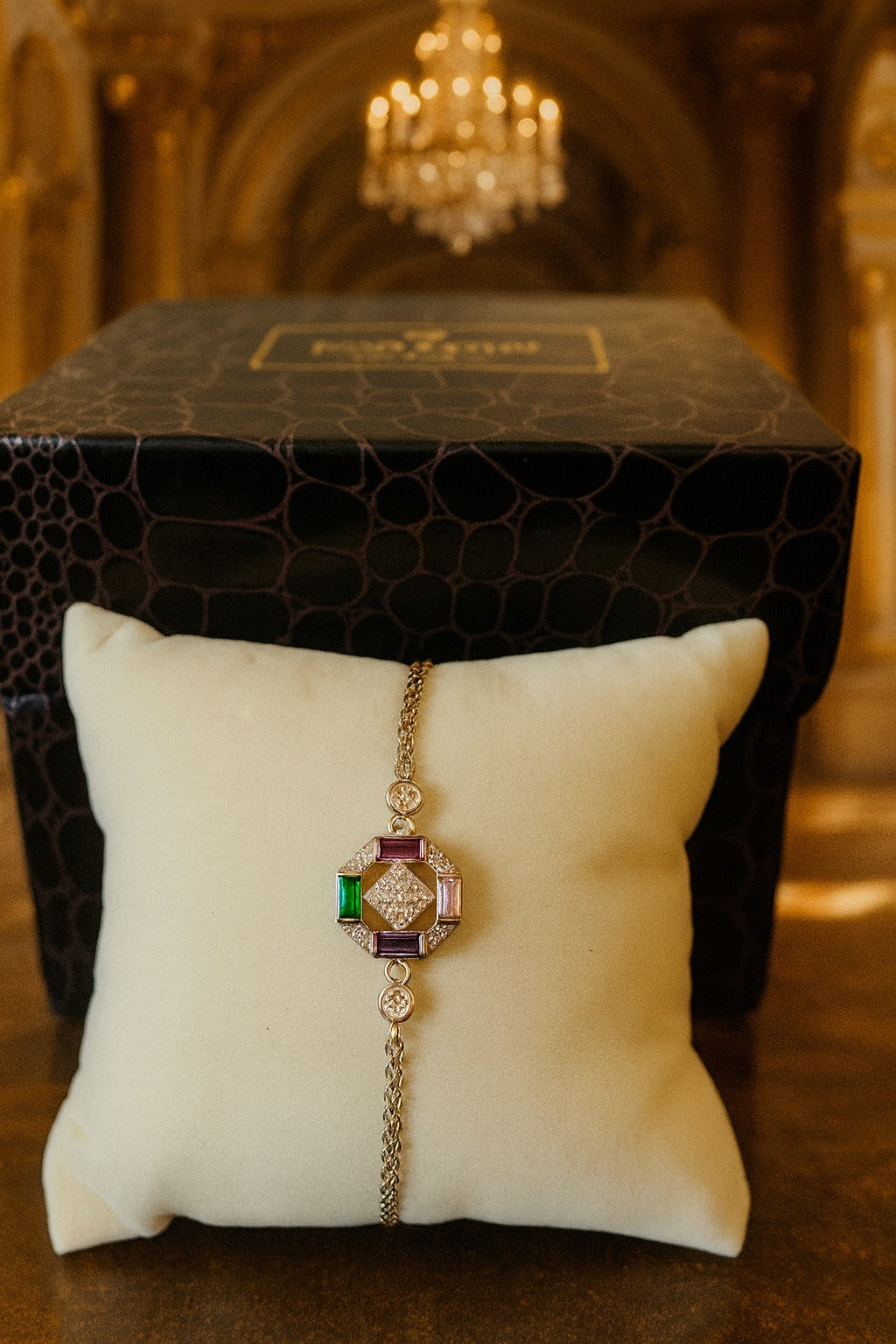 Radiant Geometric Charm Bracelet with Diamonds, Emerald & Ruby Accents