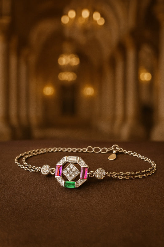 Radiant Geometric Charm Bracelet with Diamonds, Emerald & Ruby Accents