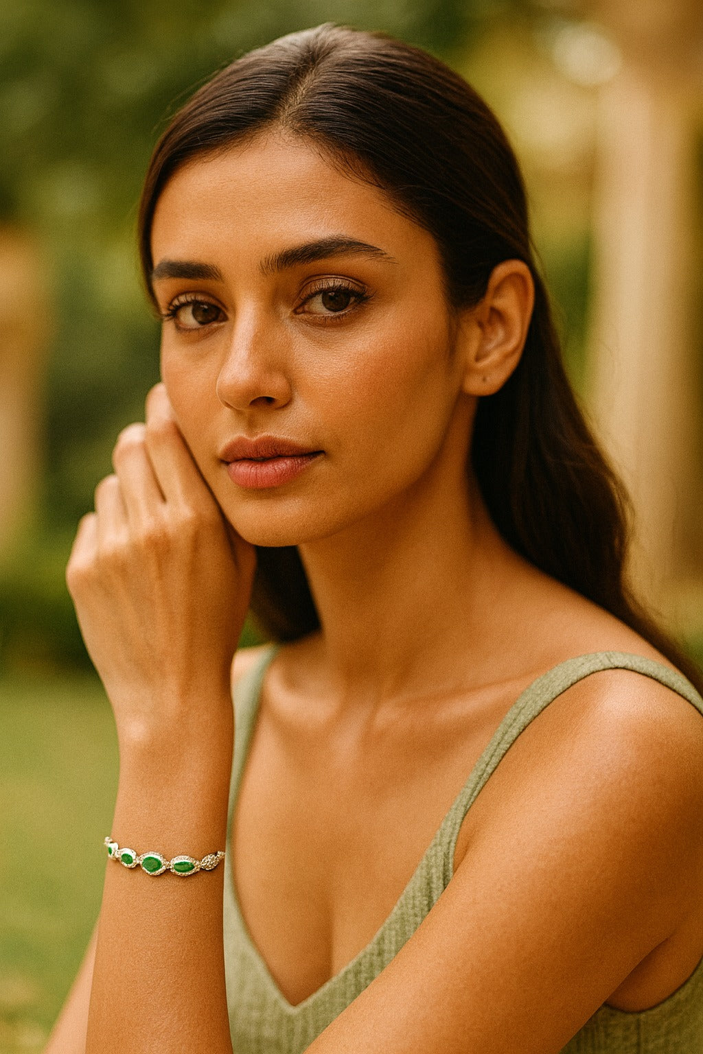 Elegant Silver Bracelet with Oval Green Gemstones and CZ Diamond Accents