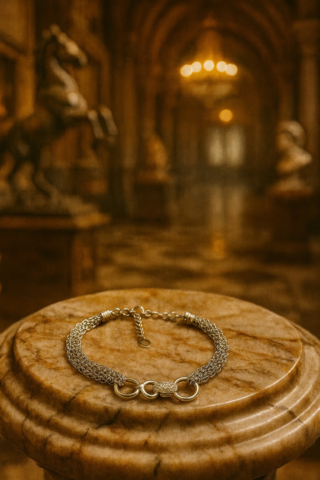 "Elegant 925 Sterling Silver Multi-Layer Chain Bracelet with Interlocking Circle and Pave Stone Detailing"