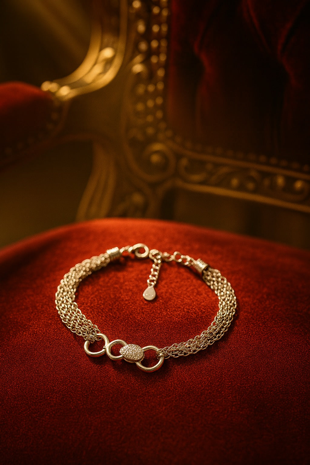 "Elegant 925 Sterling Silver Multi-Layer Chain Bracelet with Interlocking Circle and Pave Stone Detailing"