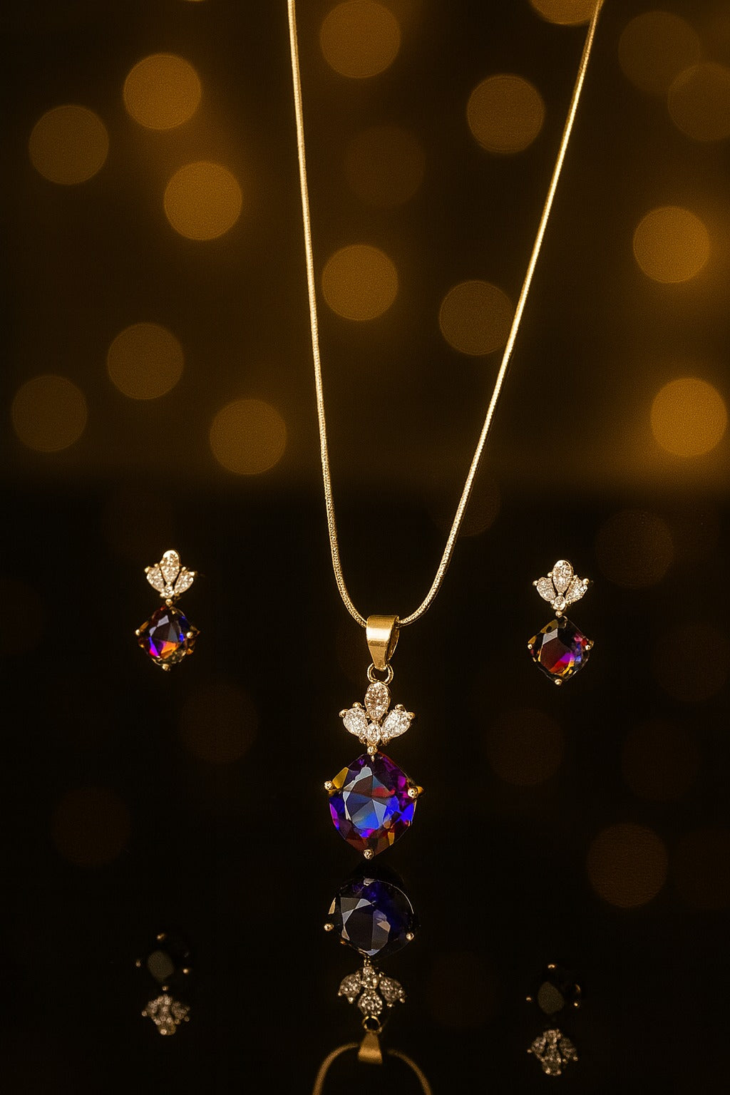 "Elegant Multicolor Crystal Pendant with Matching Earrings Set in Silver Tone"
