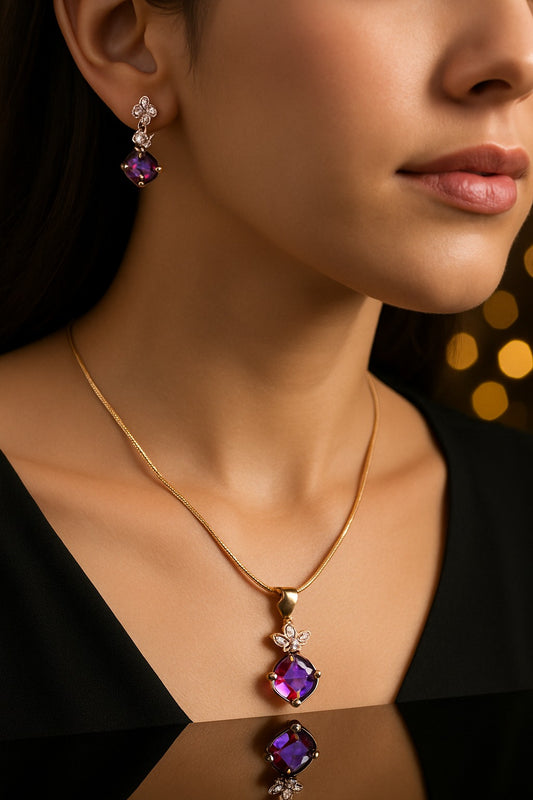"Elegant Multicolor Crystal Pendant with Matching Earrings Set in Silver Tone"