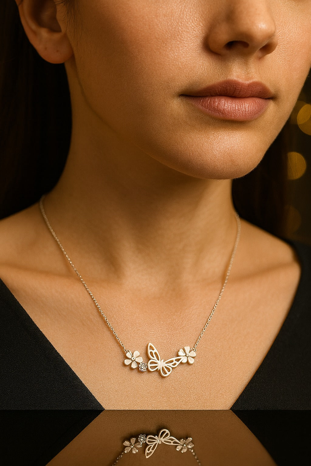 "Charming Silver Chain with Butterfly Motif and Floral Accents Adorned with Crystals"