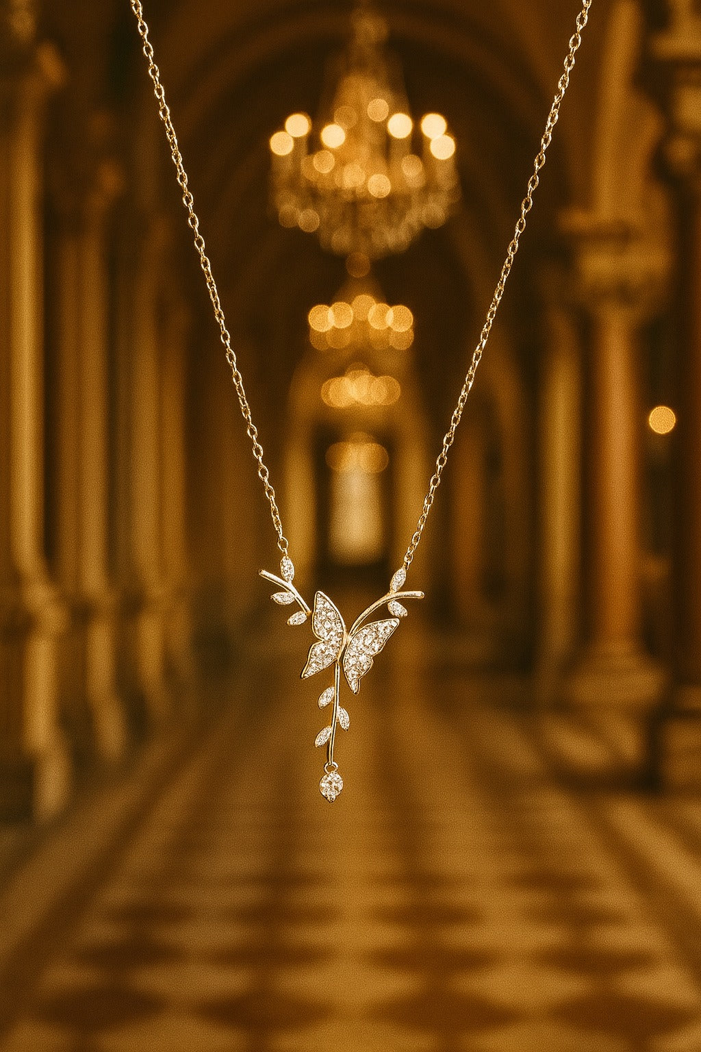 Elegant Silver Butterfly & Leaf Design Pendant Chain