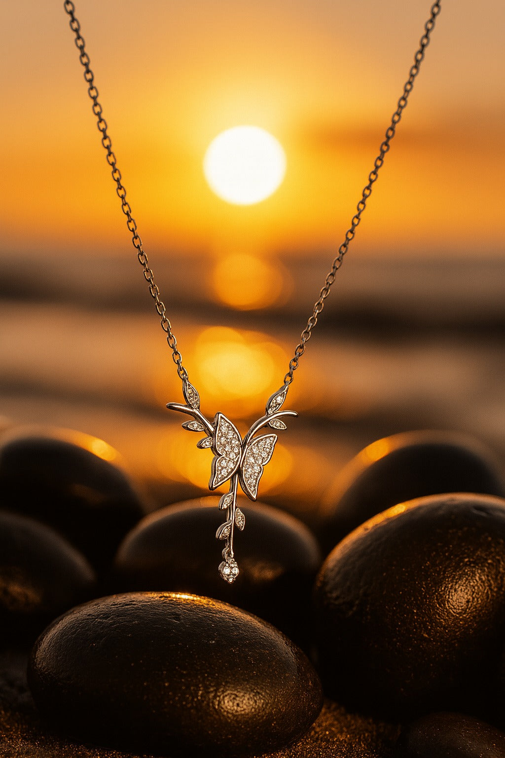 Elegant Silver Butterfly & Leaf Design Pendant Chain