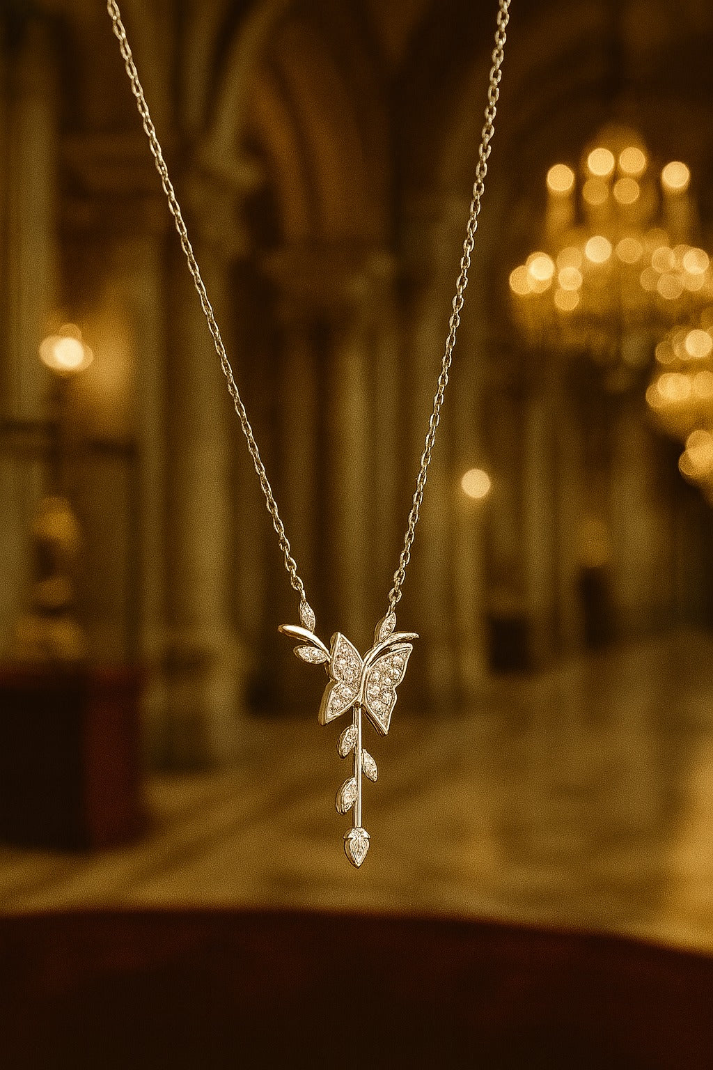 Elegant Silver Butterfly & Leaf Design Pendant Chain