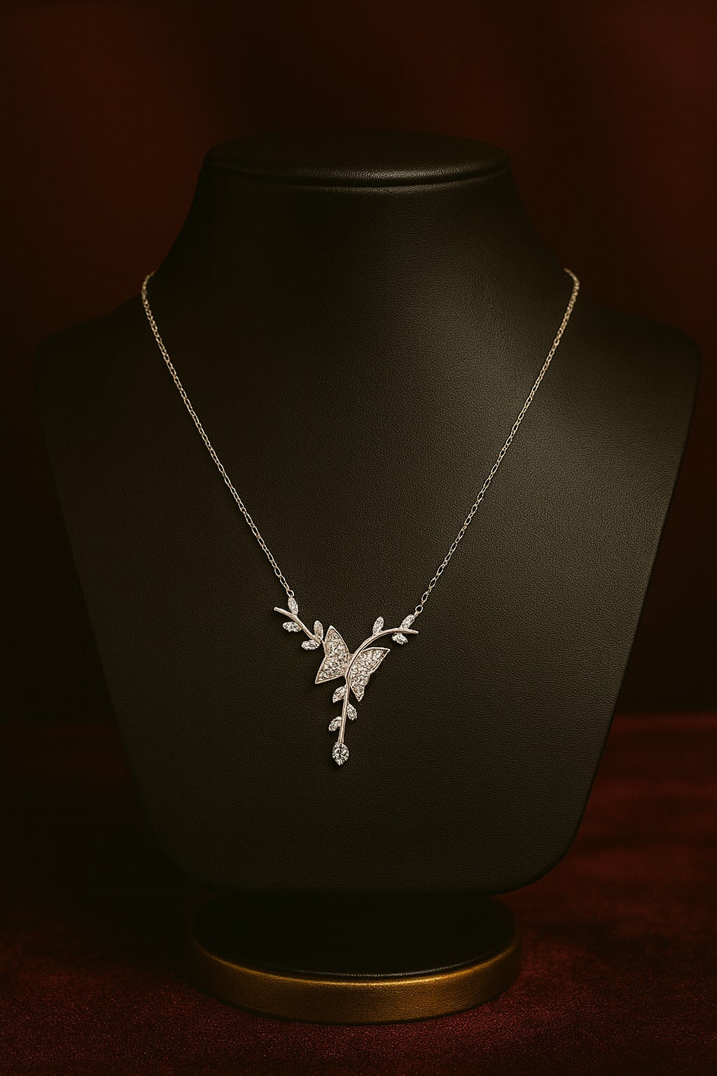 Elegant Silver Butterfly & Leaf Design Pendant Chain