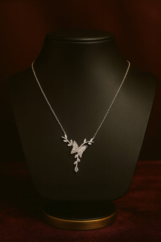 Elegant Silver Butterfly & Leaf Design Pendant Chain
