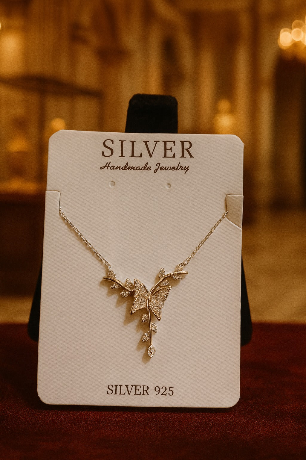 Elegant Silver Butterfly & Leaf Design Pendant Chain