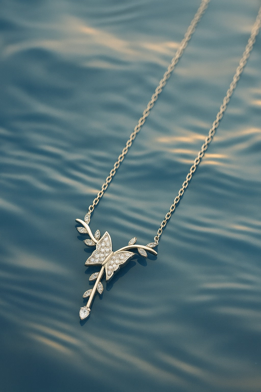 Elegant Silver Butterfly & Leaf Design Pendant Chain