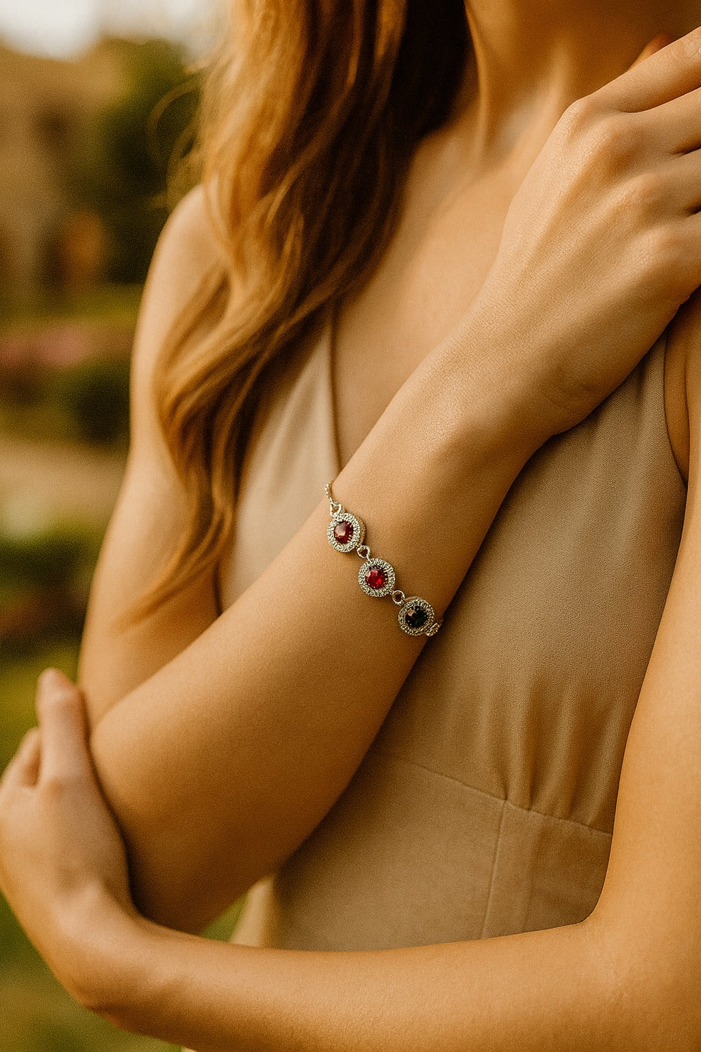 "Elegant 925 Silver Adjustable Bracelet with Green and Pink Gemstone Accents"