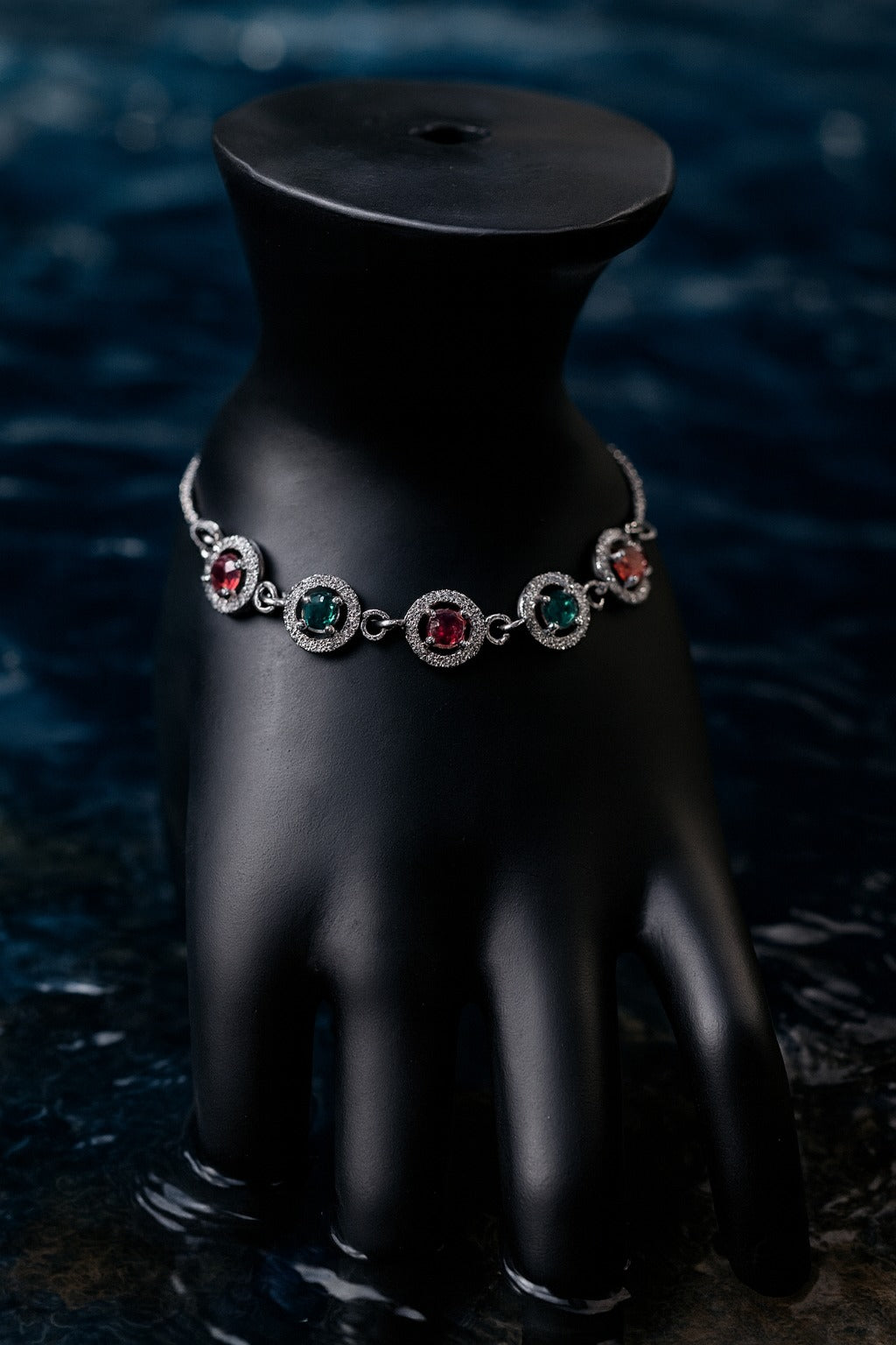 "Elegant 925 Silver Adjustable Bracelet with Green and Pink Gemstone Accents"